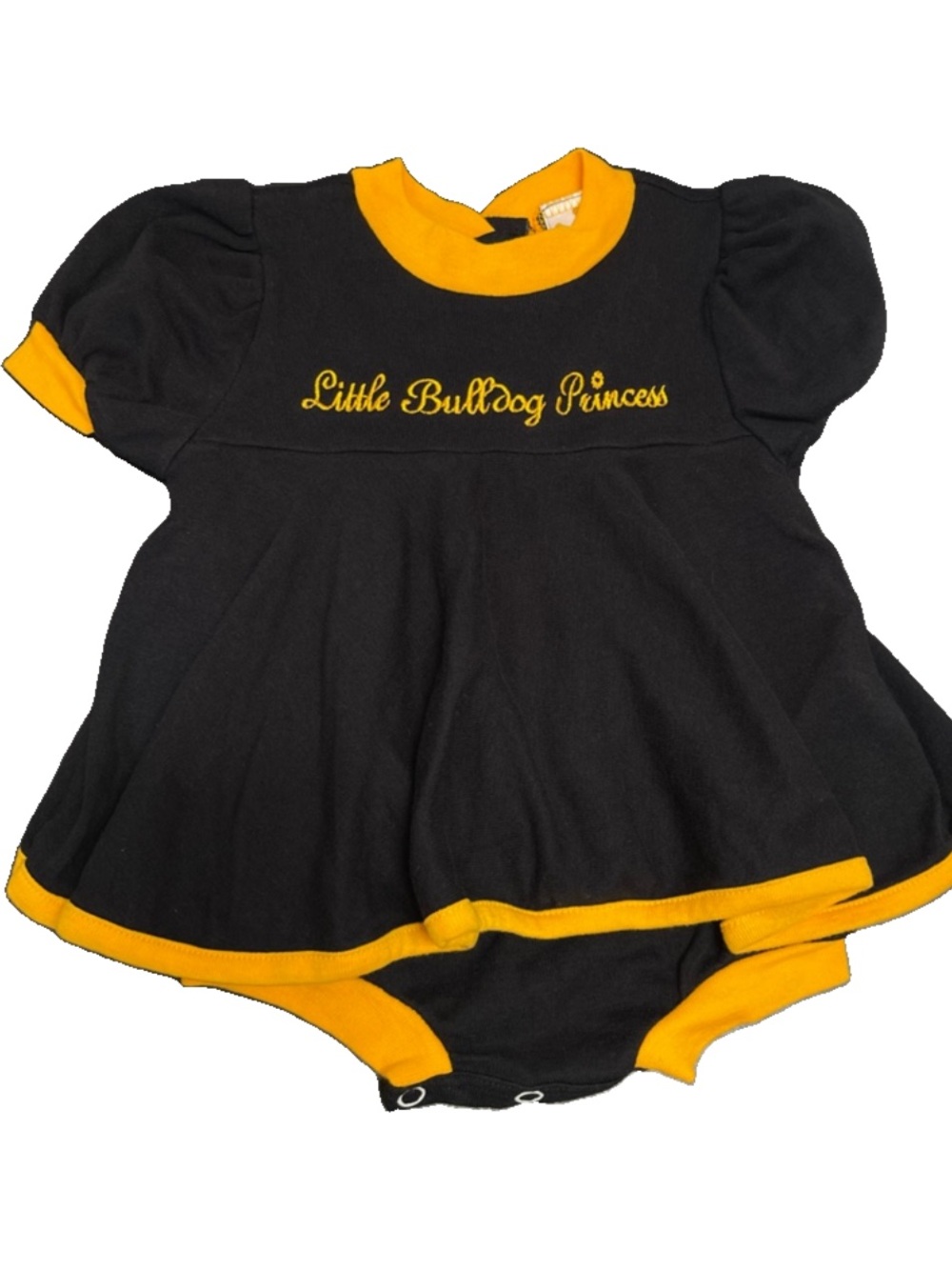 Vintage 1980s Little King Little Bulldog Princess Black Gold Bubble Romper Dress